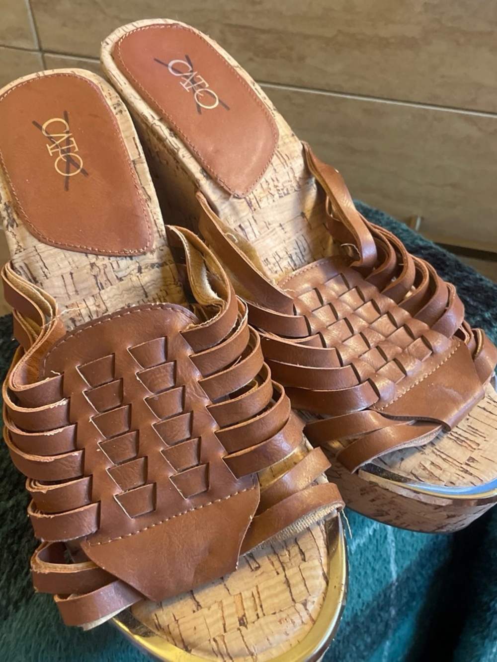 Women’s Brown Woven Leather Cork Wedge Sandals